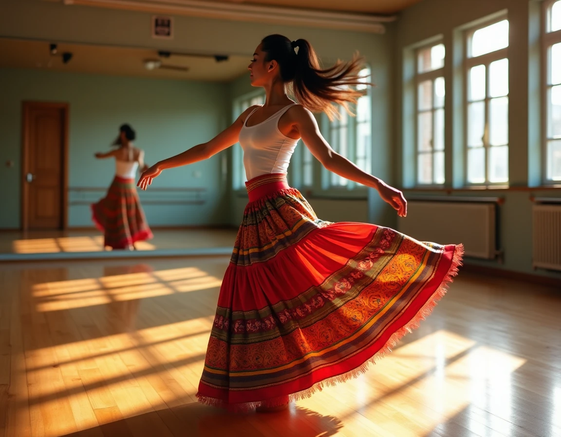 Danseuse latina en mouvement dans un studio de répétition, vêtue d'une jupe aux motifs caribéens évoquant l'héritage culturel hispanique dans la musique et la danse