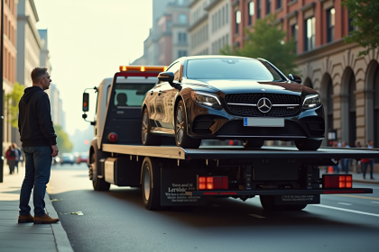 Camion de dépannage moderne charge une voiture en ville