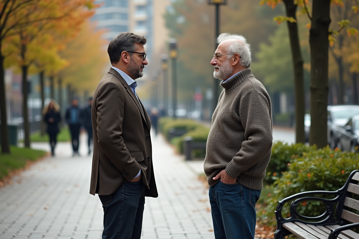 Deux hommes de générations différentes discutant dans la rue
