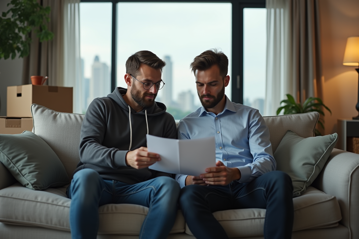 Deux hommes discutant d un document dans un salon moderne