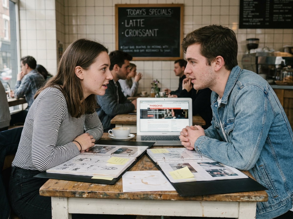 Deux jeunes adultes discutant de leur dossier d'admission en école de design autour d'un café avec portfolios et notes