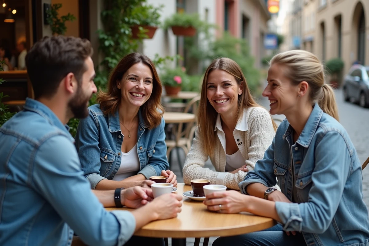 Groupe de personnes aux couleurs d'yeux différentes réunies en terrasse de café, illustrant la diversité mondiale des couleurs d'iris