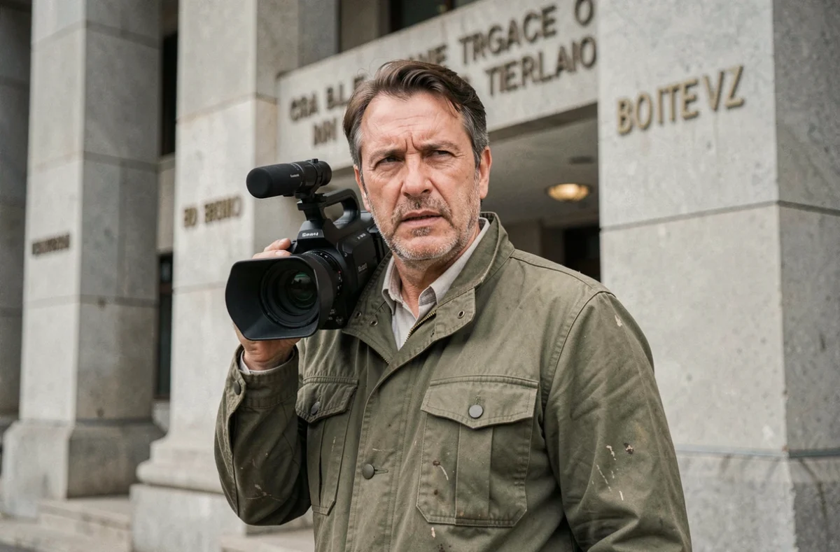 Documentariste tenant une caméra de cinéma devant un bâtiment gouvernemental imposant, illustrant le film controversé A House of Dynamite sur Netflix