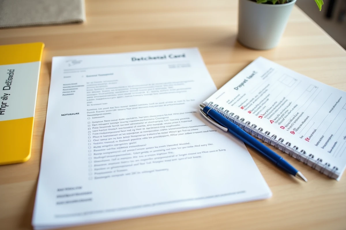 Vue à plat de documents notariaux organisés sur une table incluant carte d'identité, acte de propriété et checklist pour une consultation notariale