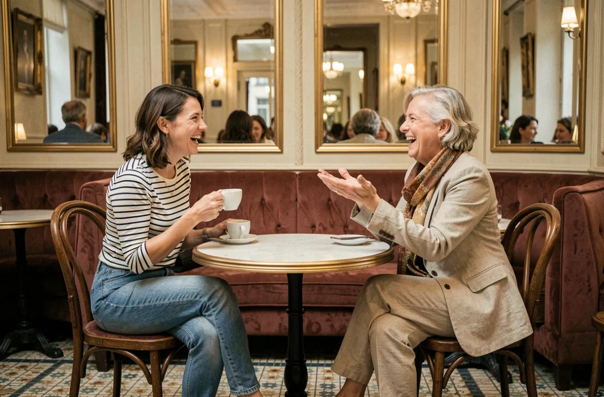 Deux humoristes françaises en discussion animée dans un café parisien, ambiance complice et naturelle
