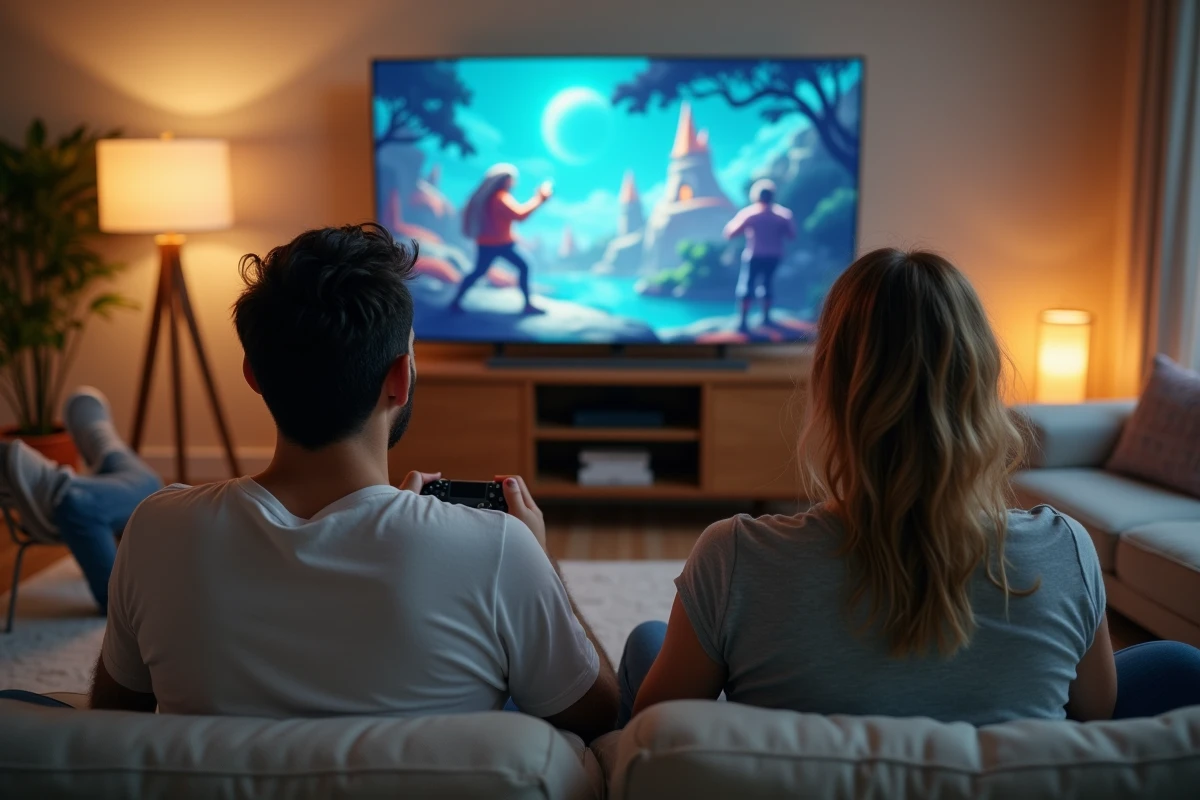 Deux amis jouant ensemble à un jeu de rôle en ligne dans un salon moderne et décontracté
