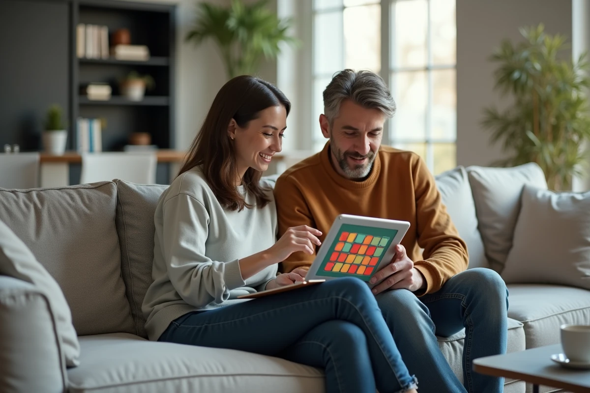 Deux personnes déchiffrant ensemble les couleurs d'une grille Pédantix sur une tablette