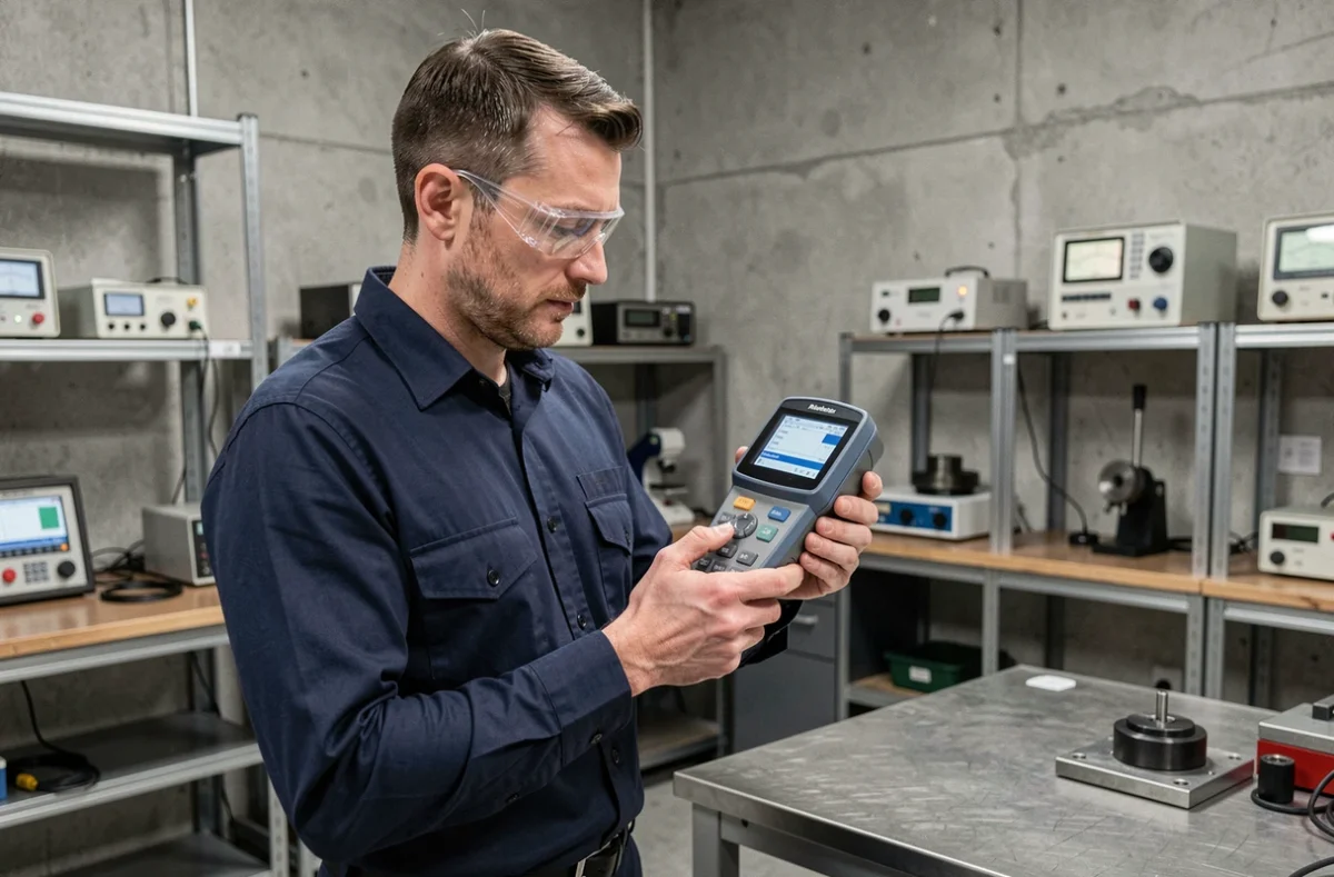 Ingénieur tenant un dynamomètre numérique dans un laboratoire de test industriel