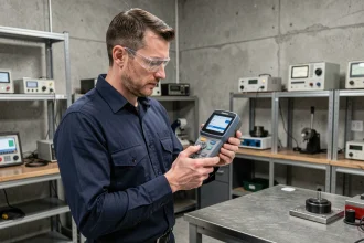 Ingénieur tenant un dynamomètre numérique dans un laboratoire de test industriel