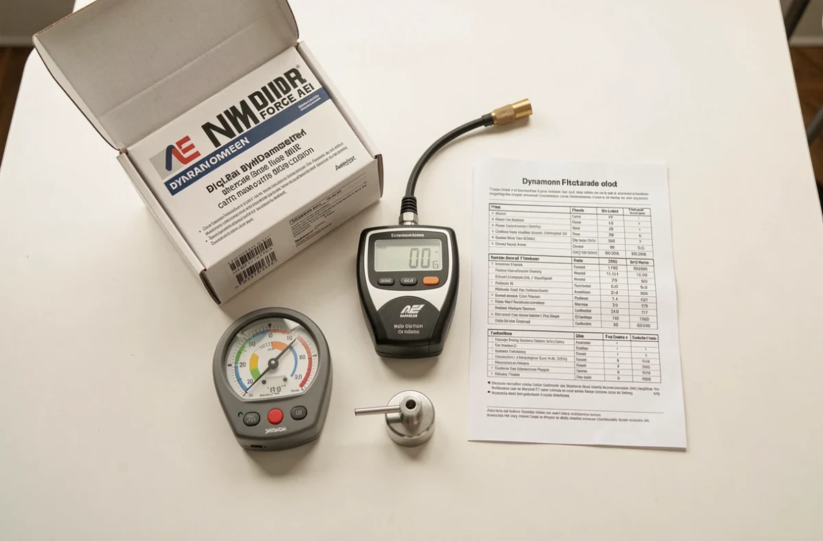 Dynamomètre numérique présenté en flat-lay avec sa boîte et fiche technique pour un test produit