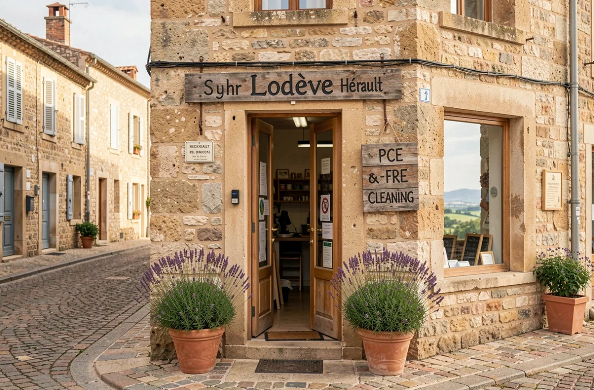 Devanture d'Eco Pressing Lodève dans l'Hérault avec inscription sans PCE et plantes de lavande à l'entrée