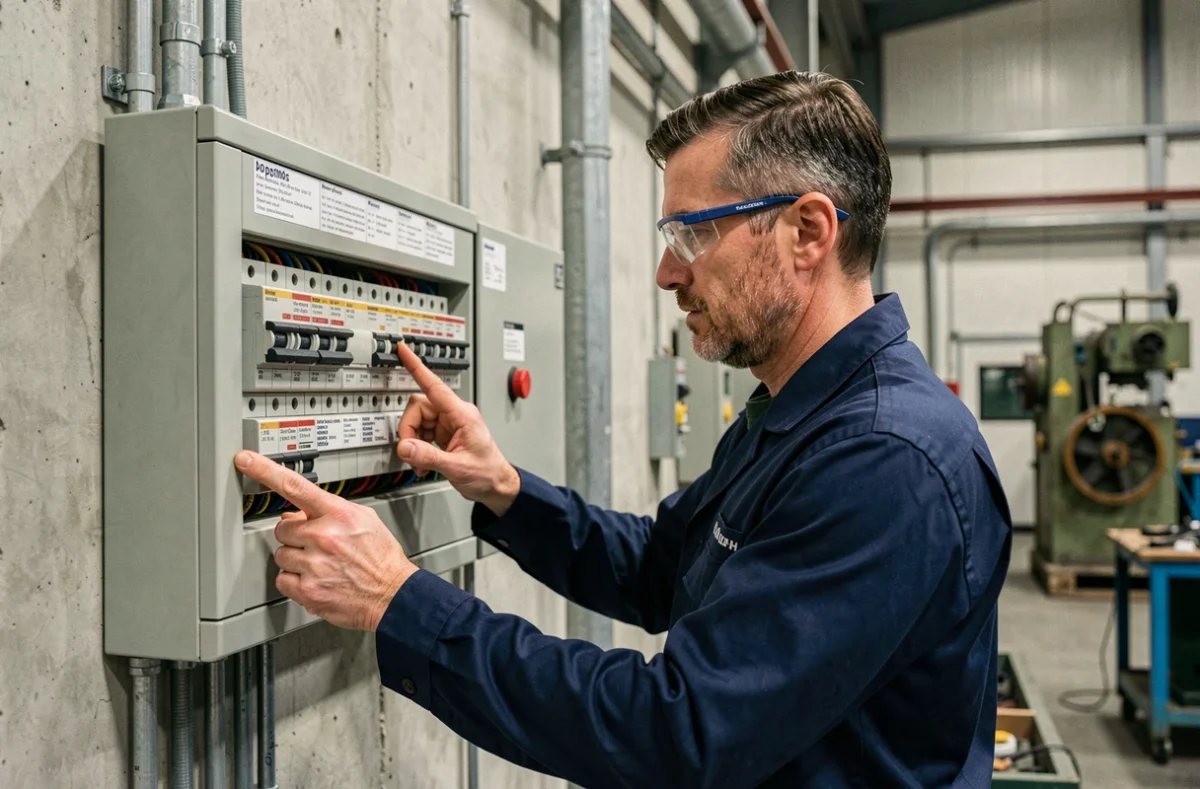 Électricien industriel inspectant un tableau de disjoncteurs triphasés dans un atelier de production