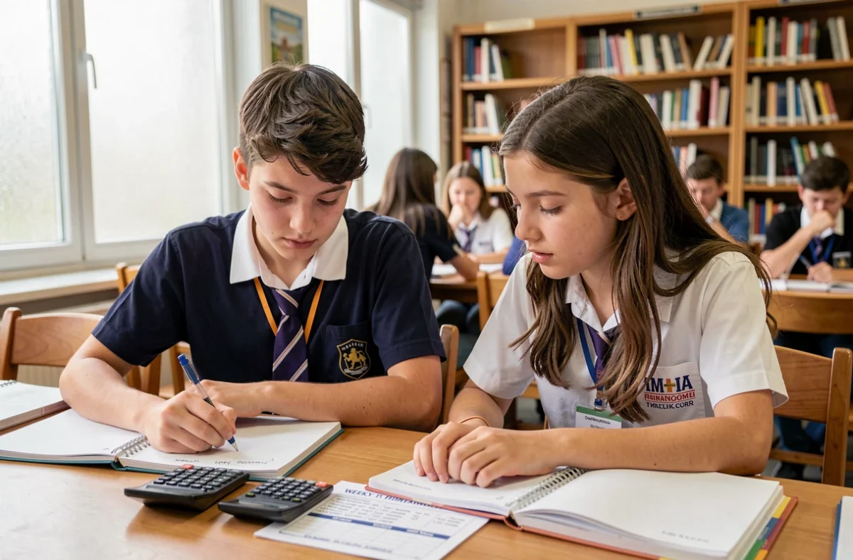 Deux élèves du secondaire organisant leur emploi du temps scolaire en convertissant des secondes en heures avec une calculatrice dans une bibliothèque scolaire