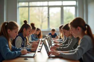 Groupe de lycéens utilisant ordinateurs portables en classe lumineuse