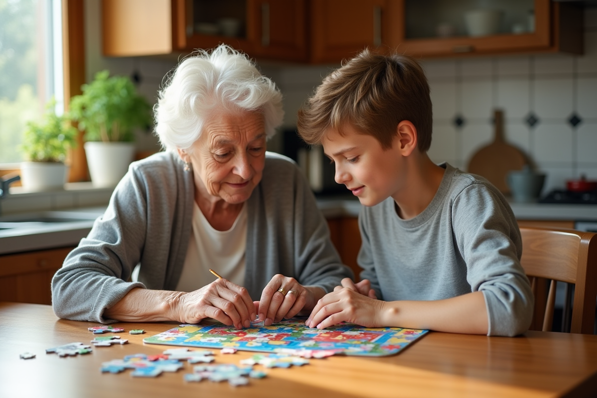 Adulte et enfant jouant ensemble à un puzzle dans la cuisine