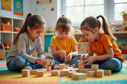 Trois enfants jouent à un puzzle en classe colorée