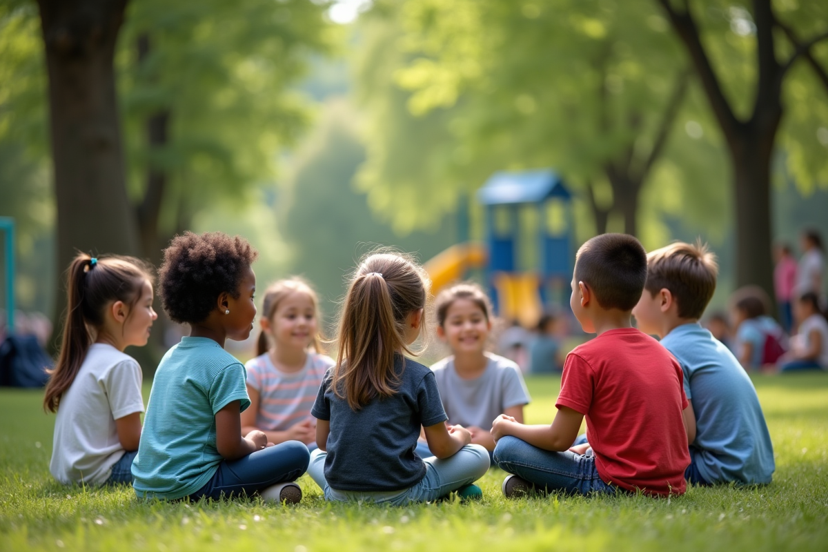 Enfants en groupe pratiquant la pleine conscience en parc