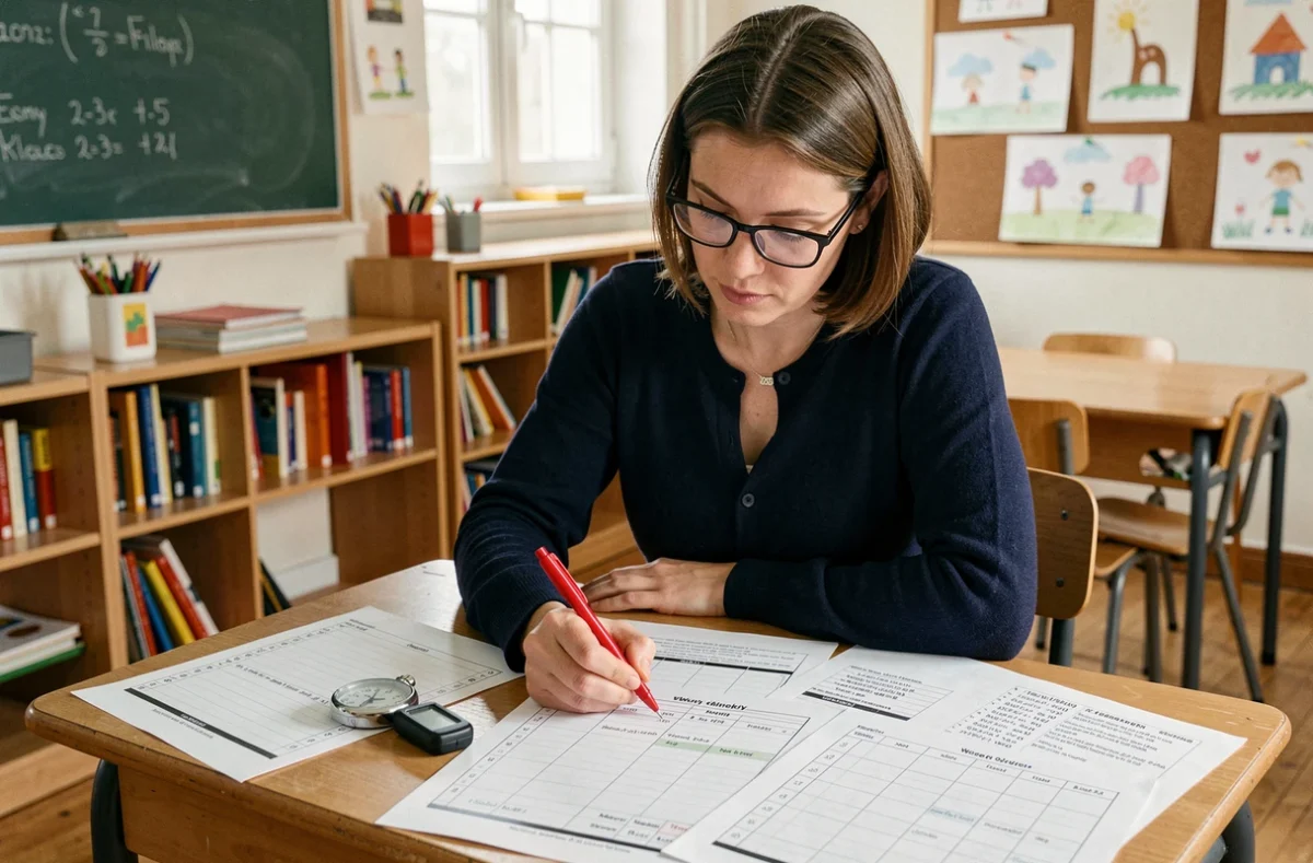 Enseignante annotant un planning scolaire avec un chronomètre et des feuilles d'horaires sur un bureau en bois dans une salle de classe française