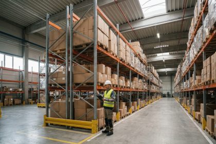 Entrepôt industriel avec rayonnages métalliques lourds et travailleur logistique inspectant les structures de stockage à Bordeaux