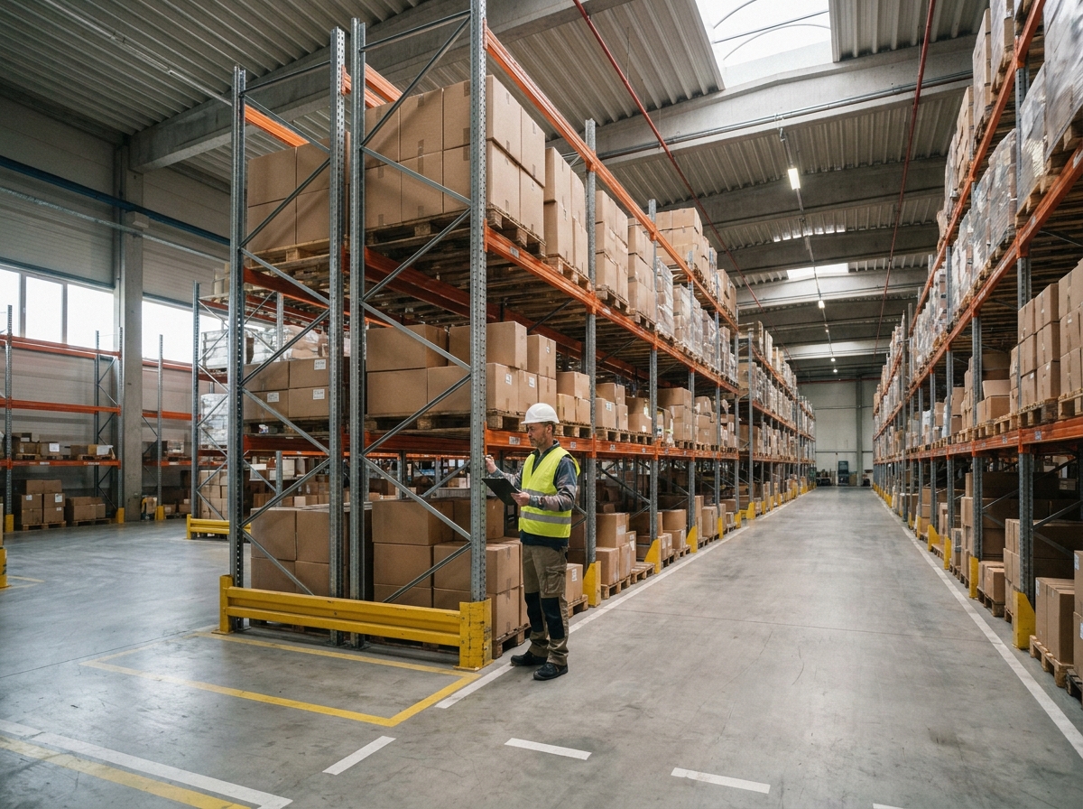 Entrepôt industriel avec rayonnages métalliques lourds et travailleur logistique inspectant les structures de stockage à Bordeaux