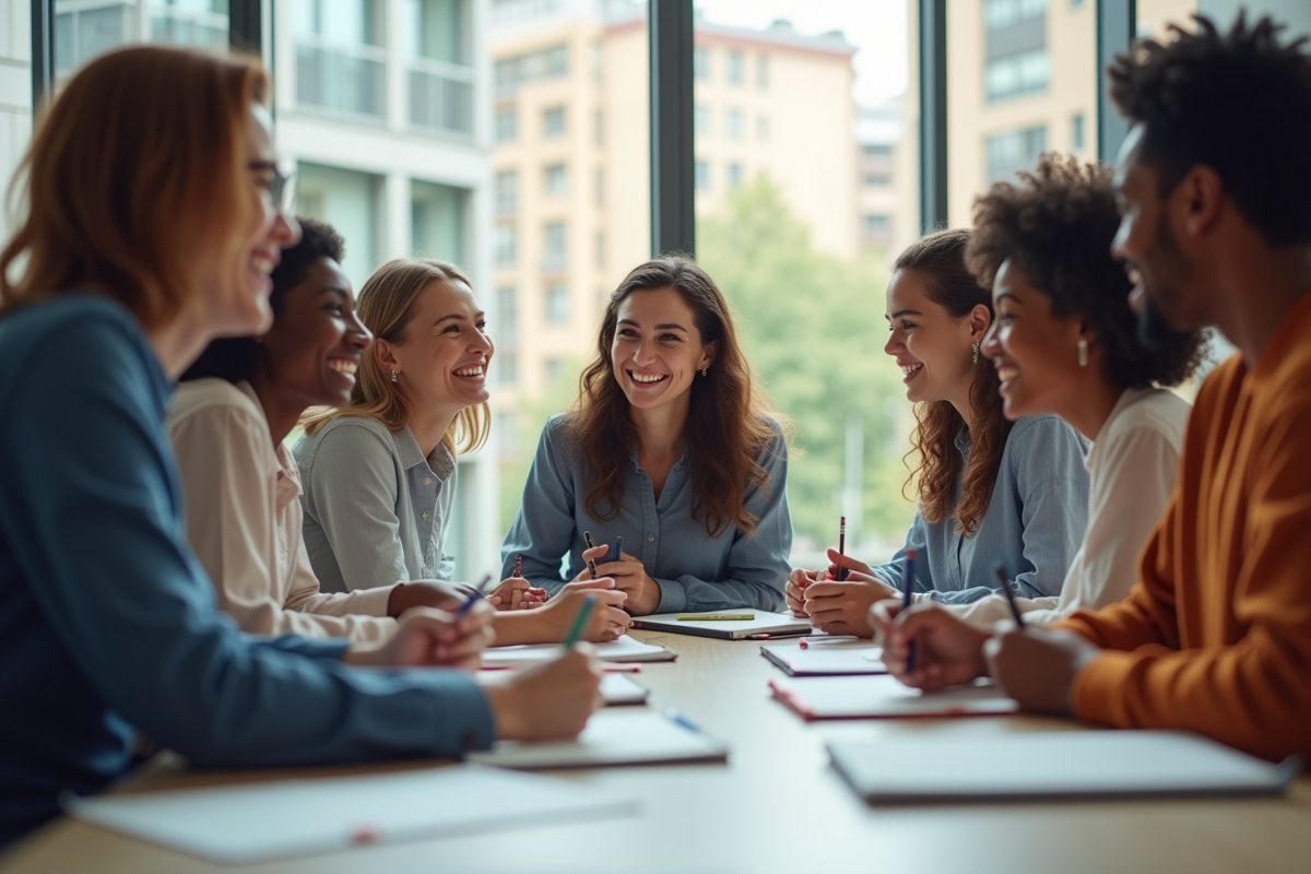 Equipe diverse célébrant une réussite en réunion