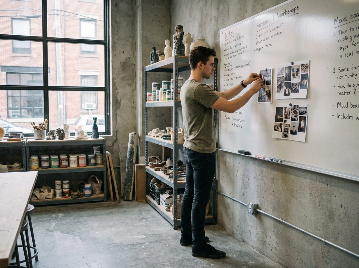 Étudiant en art organisant des recherches sur les écoles de design sur un tableau mural dans un atelier communautaire urbain