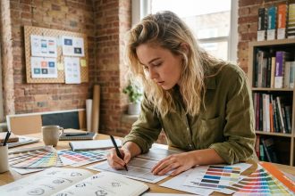 Étudiante en design graphique travaillant sur des maquettes typographiques dans un studio créatif après le bac