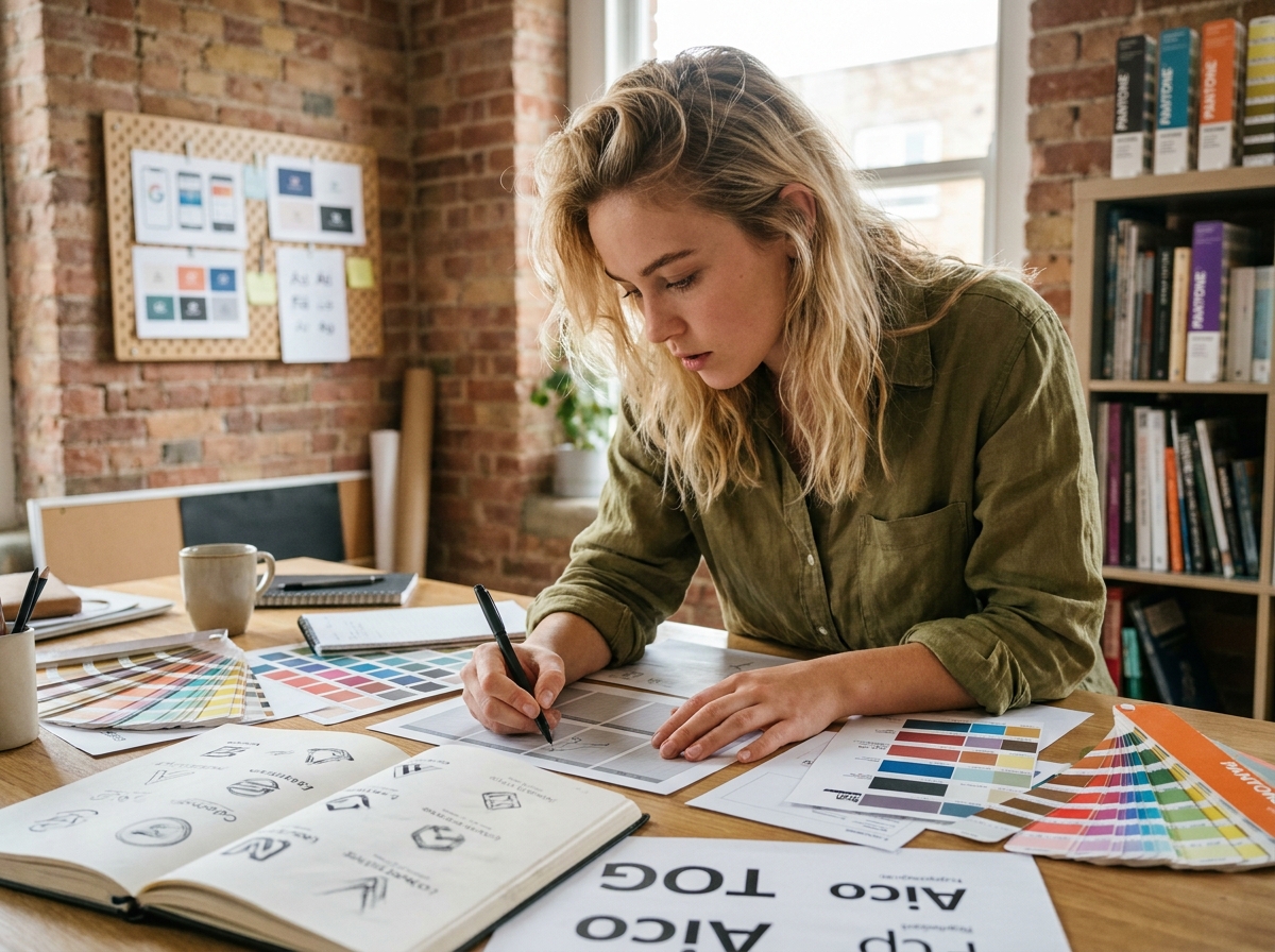 Étudiante en design graphique travaillant sur des maquettes typographiques dans un studio créatif après le bac