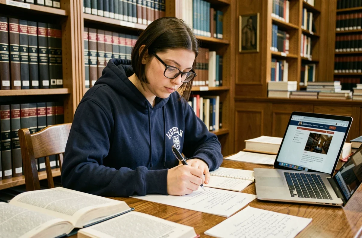 Étudiante en droit révisant avec des livres juridiques et un ordinateur portable dans une bibliothèque universitaire