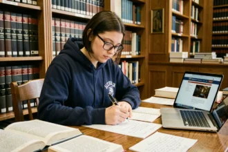 Étudiante en droit révisant avec des livres juridiques et un ordinateur portable dans une bibliothèque universitaire
