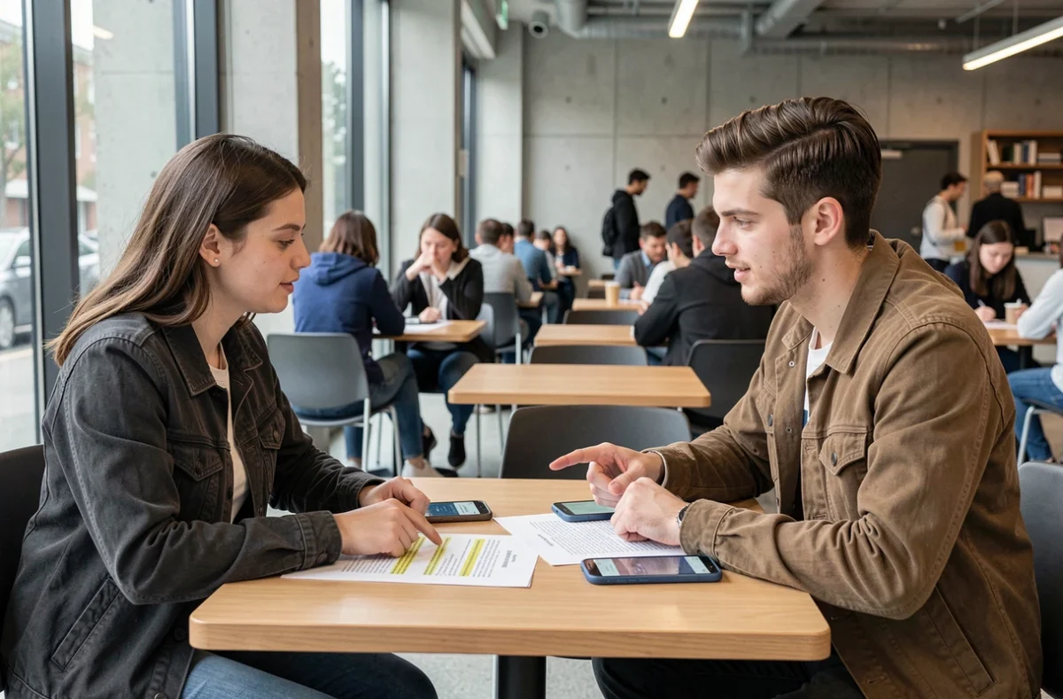 Deux étudiants en droit discutant de leurs révisions juridiques autour de fiches imprimées dans un café universitaire