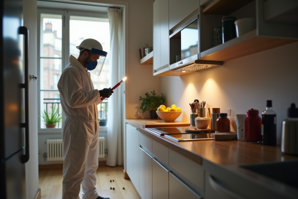 Expert en lutte contre les nuisibles inspectant une cuisine parisienne