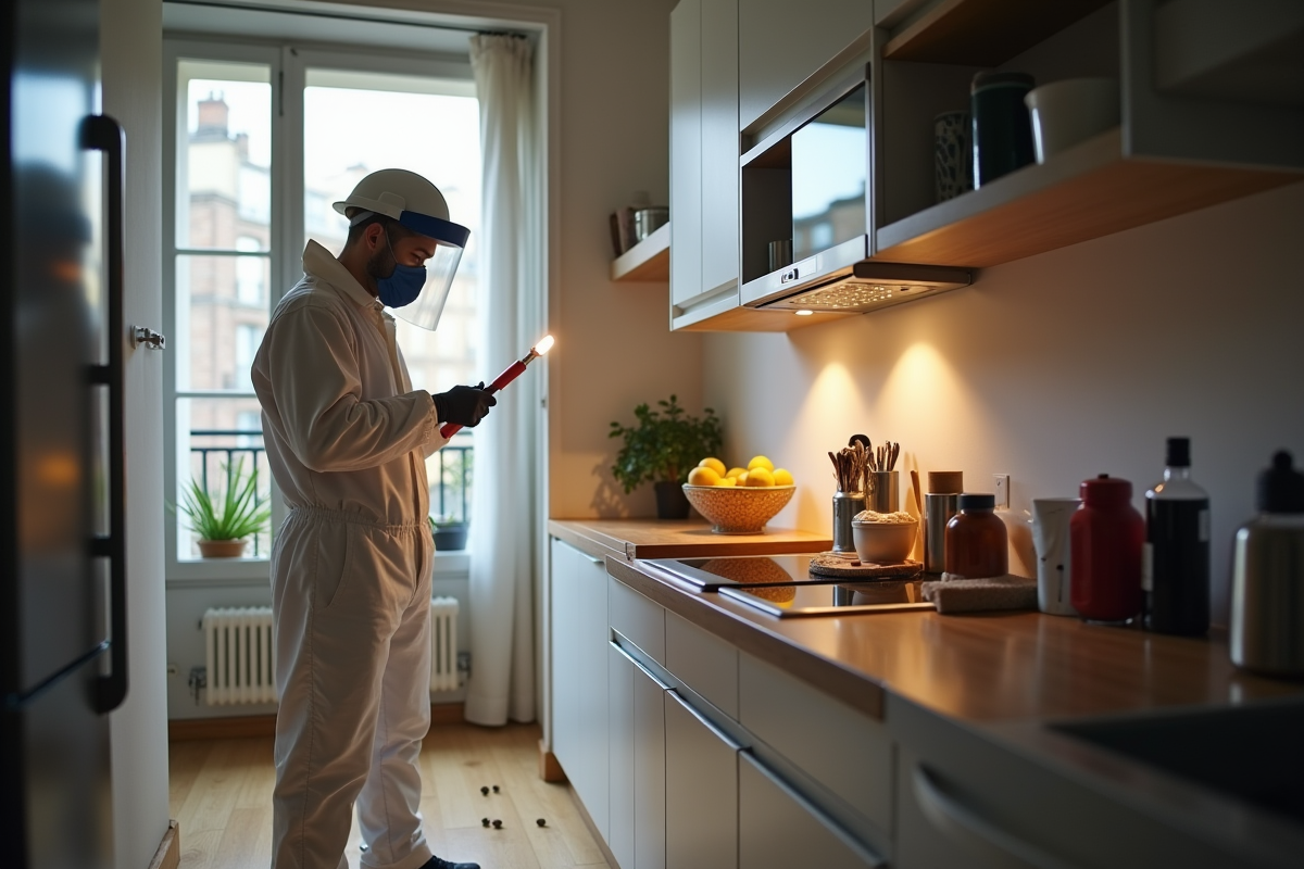 Expert en lutte contre les nuisibles inspectant une cuisine parisienne
