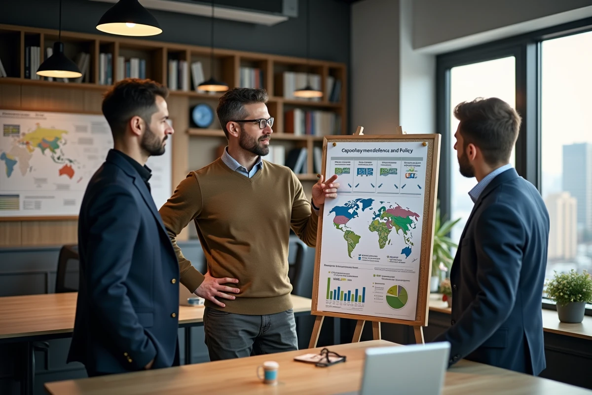 Groupe d'experts en think-tank analysant une infographie géopolitique imprimée, représentant la réflexion collective sur les enjeux stratégiques et de défense contemporains