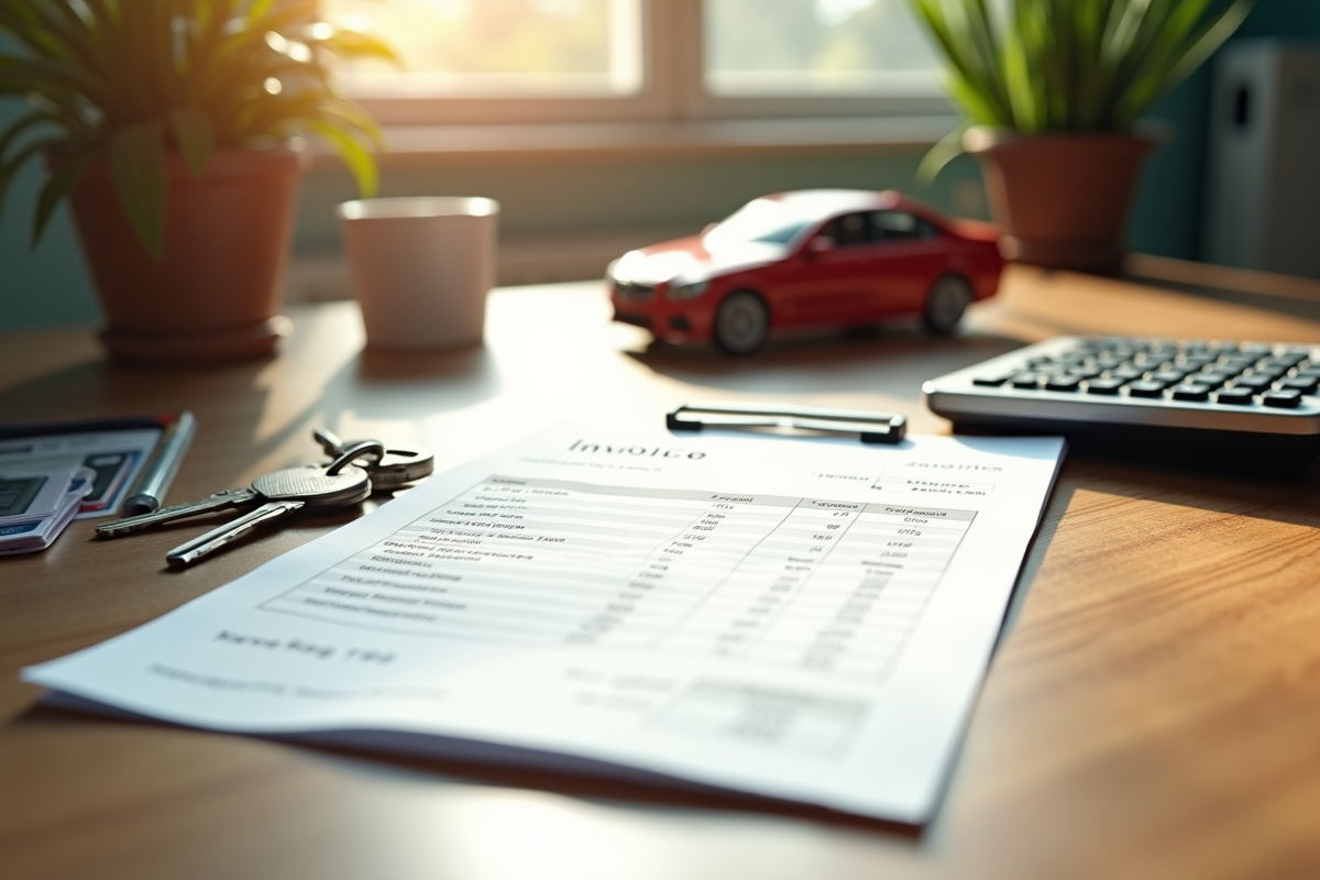 Facture et clés de voiture sur un bureau en lumière naturelle