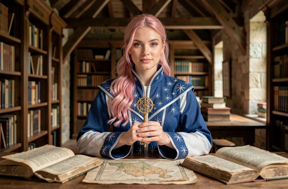 Jeune magicienne aux cheveux roses tenant une clé céleste dorée dans une bibliothèque de guilde fantasy avec des livres anciens