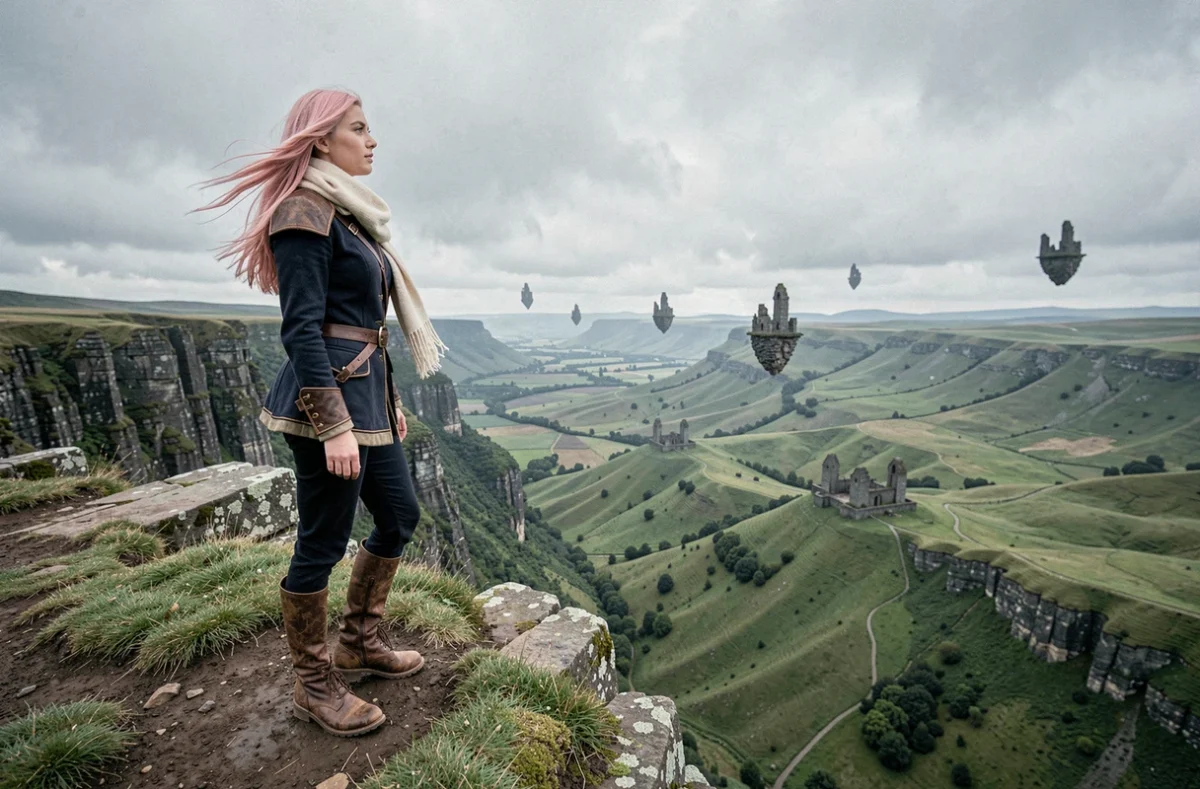 Jeune femme aux cheveux roses regardant un paysage fantasy épique depuis une falaise avec des ruines flottantes en arrière-plan