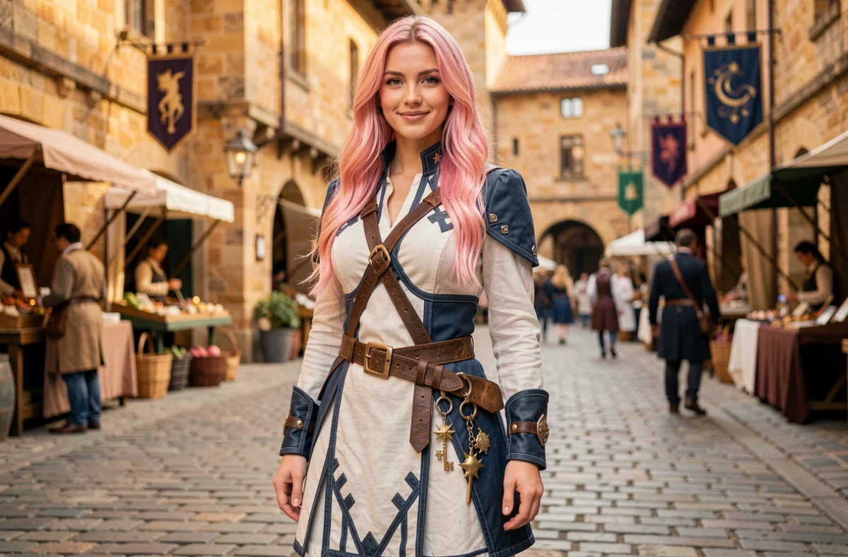 Jeune femme aux longs cheveux roses en tenue d'aventurière fantasy avec des clés célestes à la ceinture dans un marché médiéval
