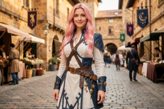 Jeune femme aux longs cheveux roses en tenue d'aventurière fantasy avec des clés célestes à la ceinture dans un marché médiéval