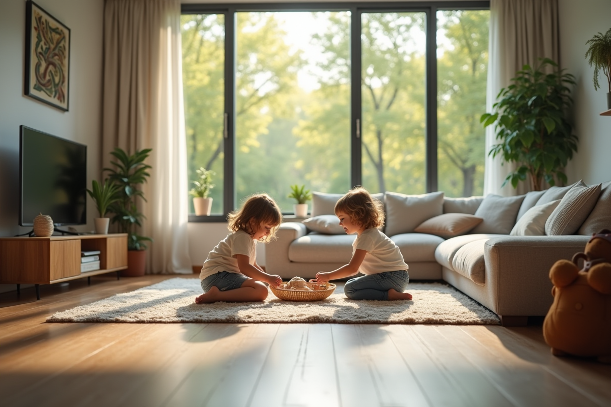 Famille heureuse jouant dans un salon moderne lumineux
