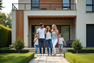 Famille de cinq devant maison moderne en France