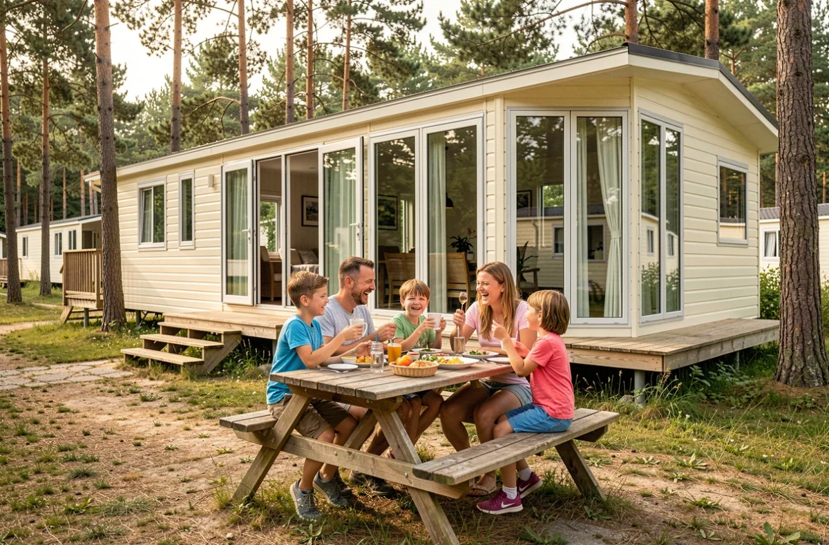 Famille nombreuse déjeunant en terrasse devant un grand mobil-home moderne dans un camping verdoyant