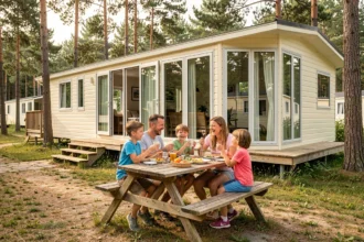 Famille nombreuse déjeunant en terrasse devant un grand mobil-home moderne dans un camping verdoyant