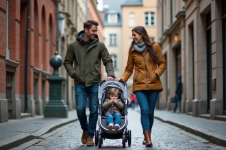 Famille avec poussette découvrant le Manneken-Pis sur les pavés du centre historique de Bruxelles
