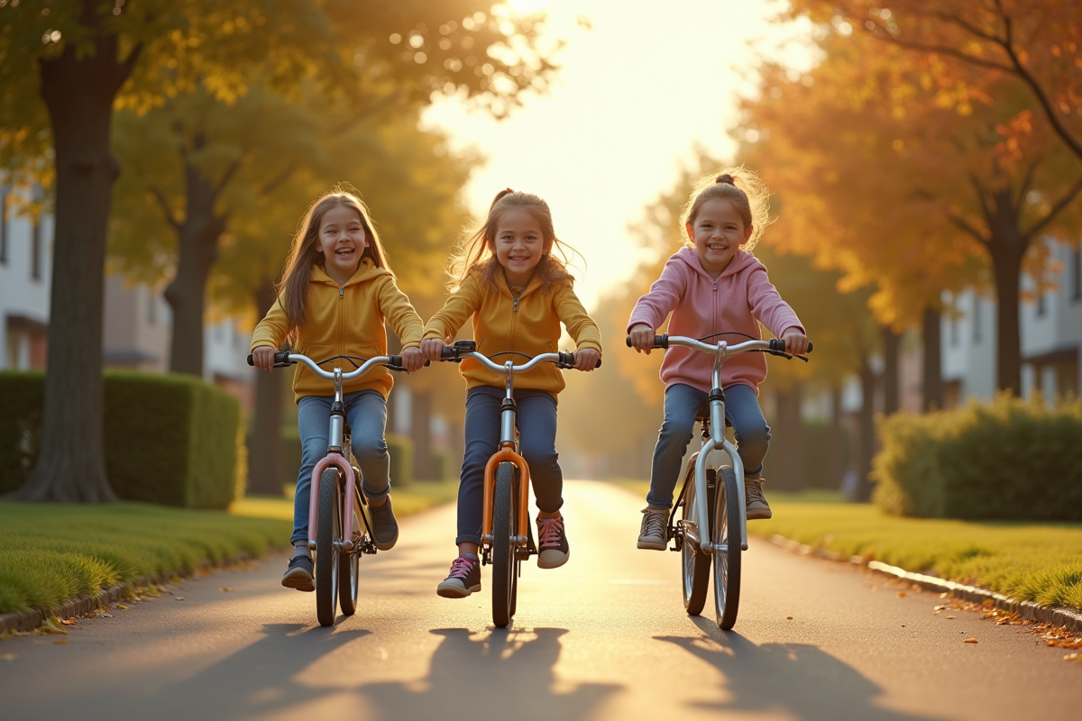 Famille avec enfants faisant du vélo dans un quartier paisible