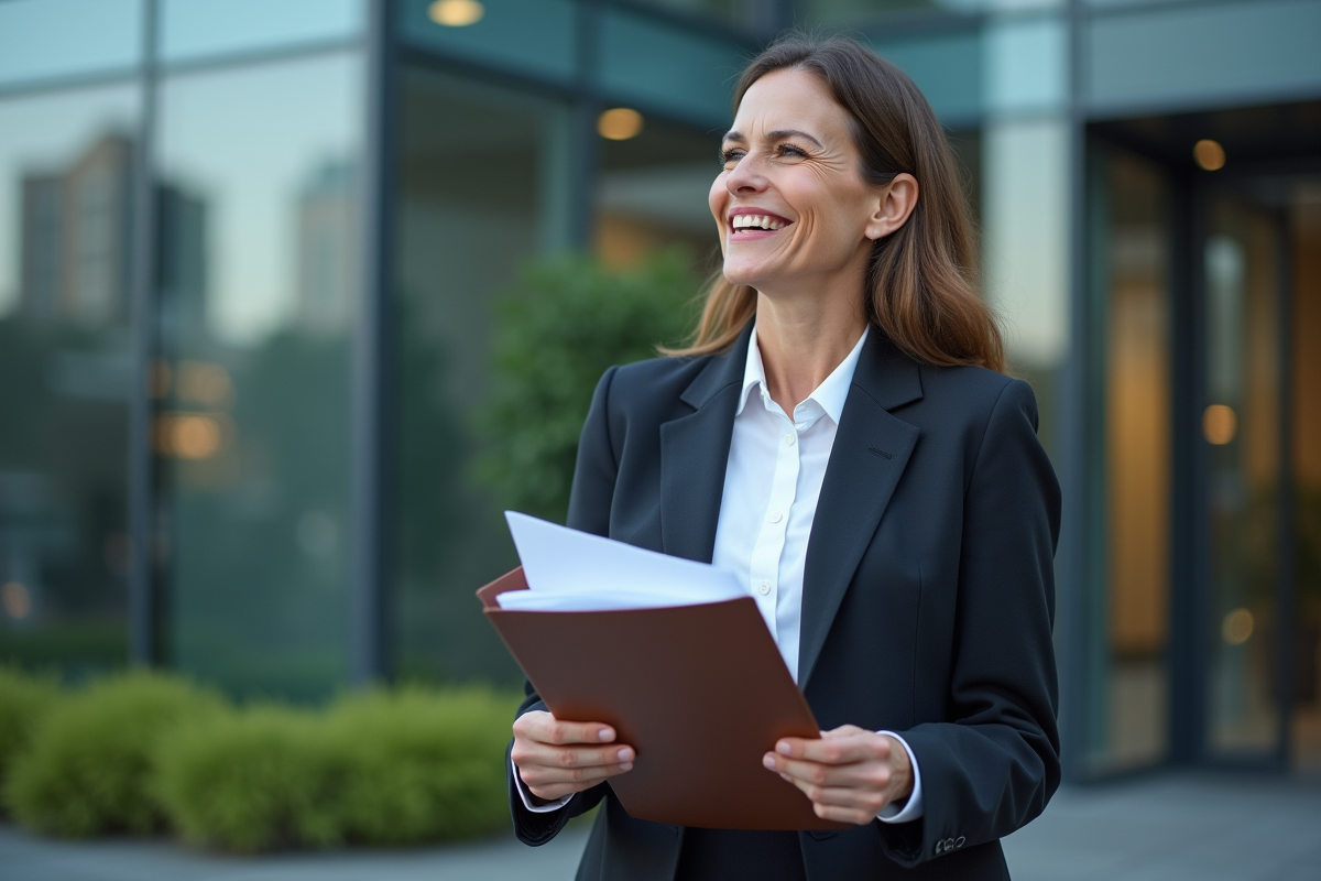 Femme d'affaires souriante devant un bâtiment moderne