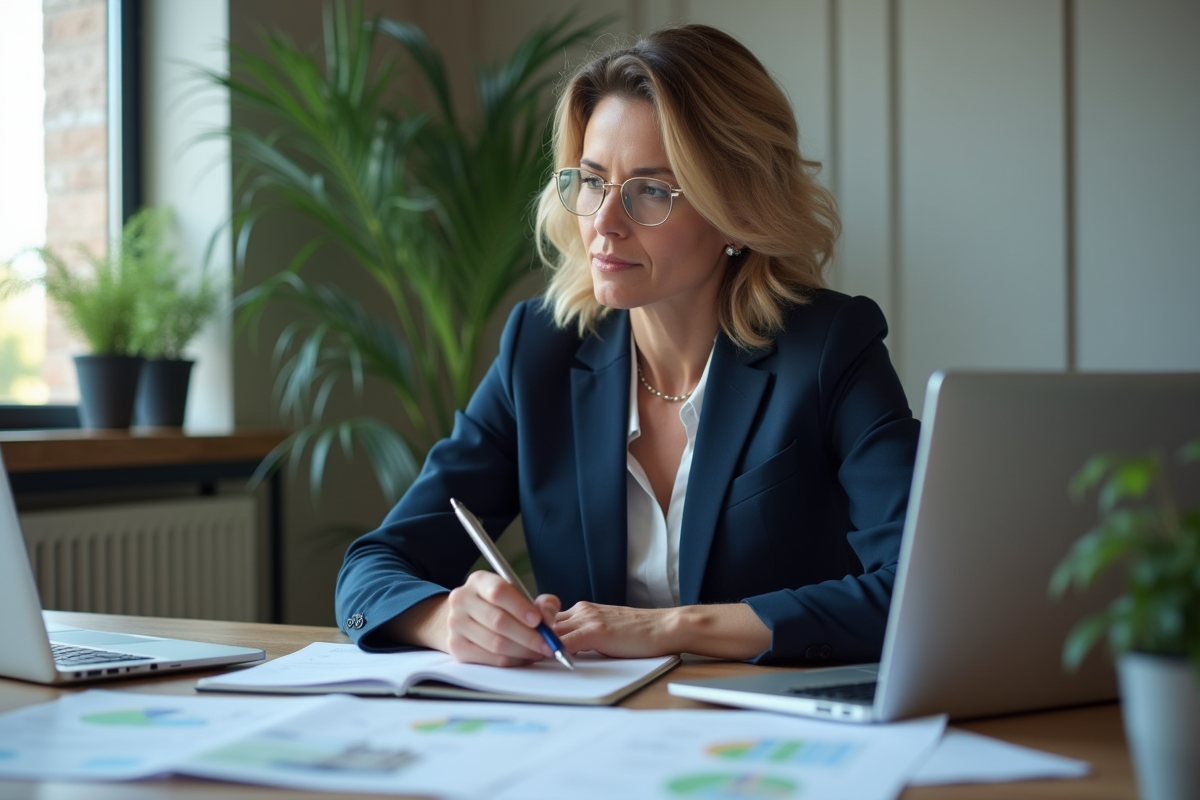 Femme d'affaires en bureau analysant des documents immobiliers