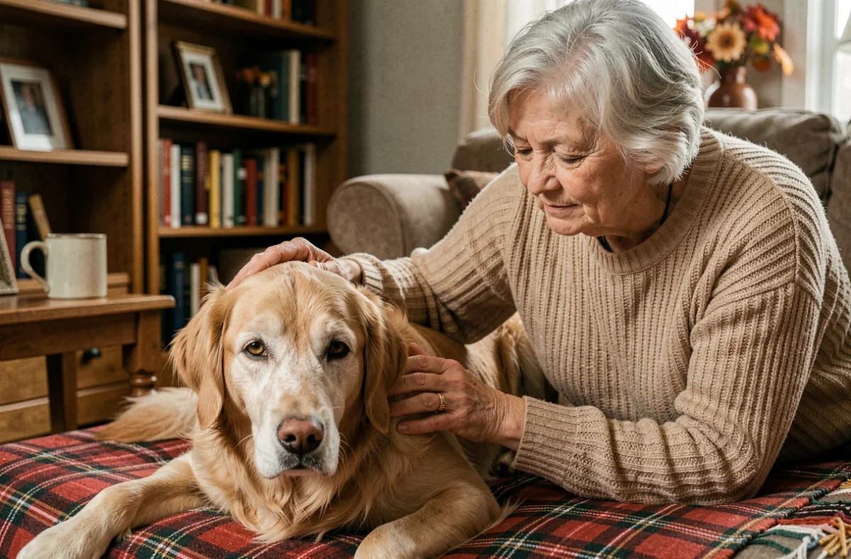 Femme âgée câlinant son vieux chien golden retriever sur un canapé, illustrant le lien affectif et l'importance de l'assurance pour chien senior