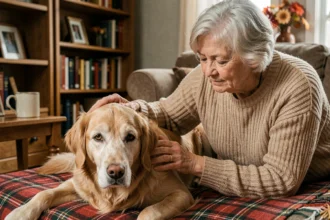Femme âgée câlinant son vieux chien golden retriever sur un canapé, illustrant le lien affectif et l'importance de l'assurance pour chien senior
