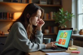 Jeune femme analysant les couleurs d'un jeu de devinettes de mots sur un écran d'ordinateur portable